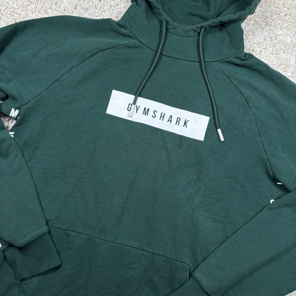 Gymshark Pullover Hoodie Mens Medium Forest Green Box Logo Tape Sleeve